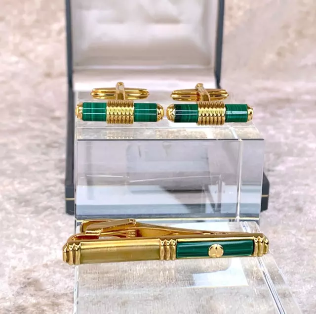 Vintage Dunhill Cufflinks & Tie Bar Clip Green Malachite Gold Finish with Case