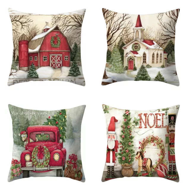 4pcs Christmas Throw Pillow Cover Xmas Tree Pillowcase Santa Cushion Case Decor