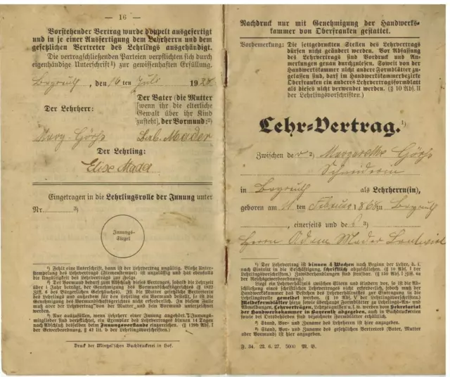 Lehrvertrag Schneider Bayreuth 1928 16Seiten