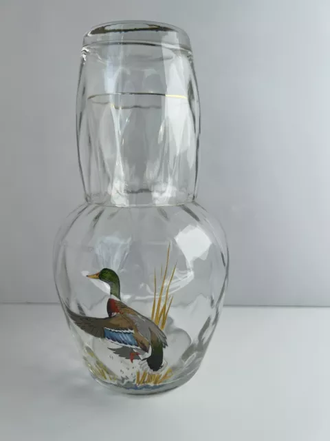 Vintage Optic Glass Tumble Up Carafe Ned  Smith Mallard bedside Decanter