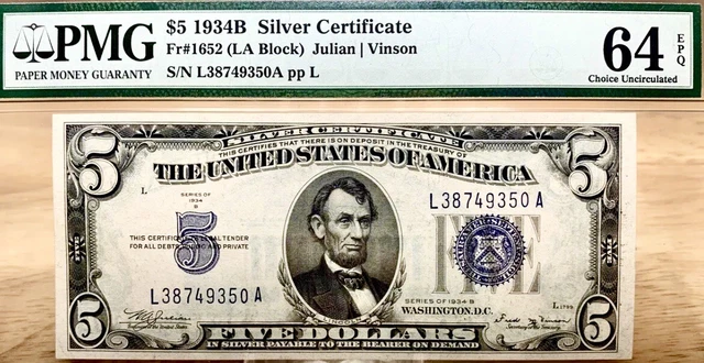 1934B $5 Fr.1652 Silver Certificate LA Block PMG 64EPQ! Sign. Julian/Vinson