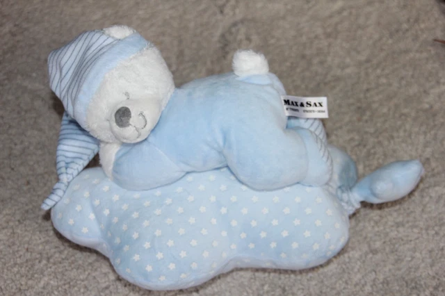 DOUDOU peluche MAX ET SAX OURS BLEU BLANC SUR NUAGE ETOILE BLANCHE MUSICAL