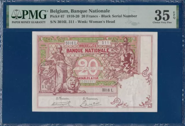 BELGIUM 20 Francs 1919 P-67 choice V/F PMG 35 EPQ Belgian banknote