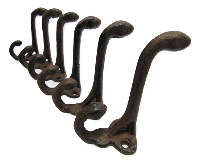 Lot 6 Antique-Style Rustic Brown School Double Coat Hooks Cast Iron Hardware