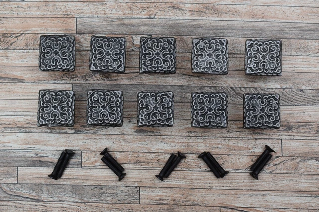 10x Vtg Cast Iron Square Geometric Floral Door Gate Cabinet Pulls Knobs Handles