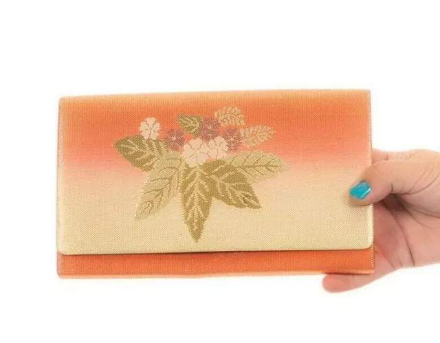 60s 70s Vintage Coral Orange & Gold Metallic Lurex Leaves Clutch Bag Evening Bag