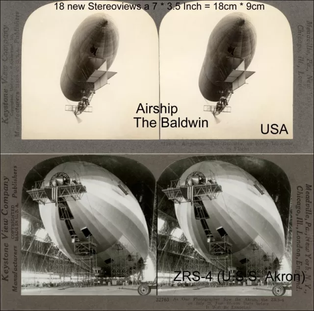 18 Stereofotos Akron ZRS 4 diverse Luftschiffe Zeppeline Airships Baldwin R 34