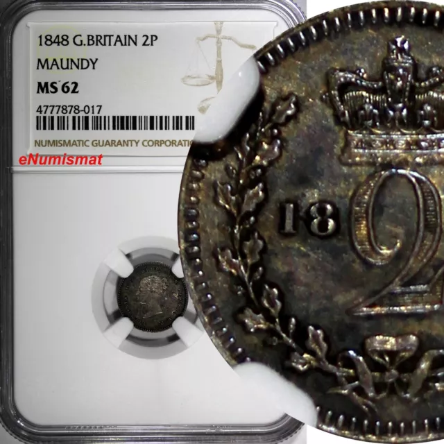 Great Britain Victoria Silver 1848 2 Pence Maundy NGC MS62 NICE TONED KM# 729(7)