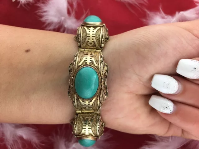 Vintage Chinese Gold Over Sterling Silver Filigree Turquoise Bracelet