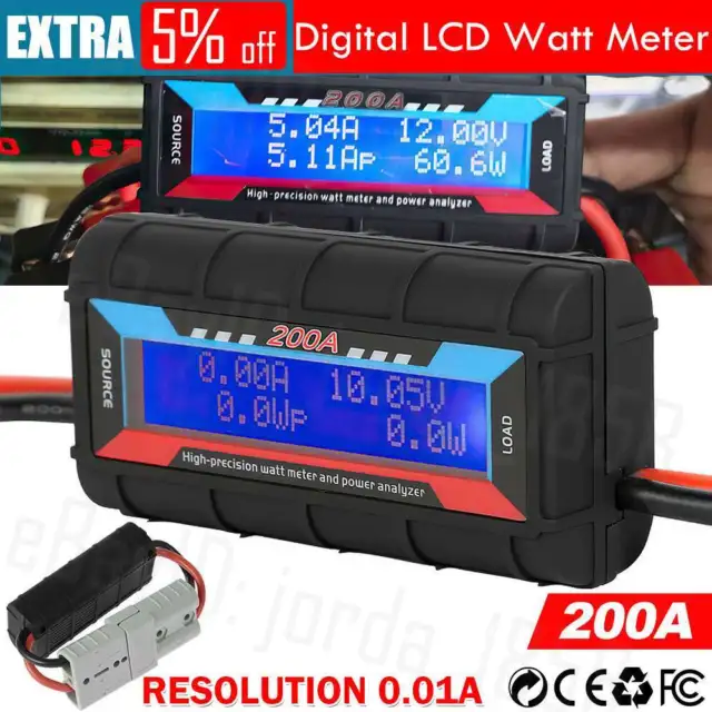 200A Digital LCD Amp Watt Meter Power Analyser Solar Caravan With Anderson Plug