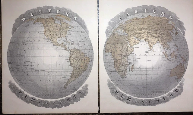 Old 1871 Cowperthwait Atlas Map ~ EAST & WEST WORLD HEMISPHERES (10x12) -#1092
