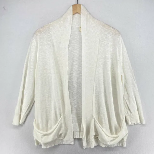 EILEEN FISHER Cardigan L Linen Blend Knit Sweater Open Front 3/4 Sleeve White