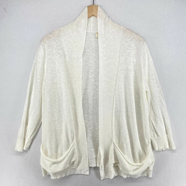 EILEEN FISHER Cardigan L Linen Blend Knit Sweater Open Front 3/4 Sleeve White