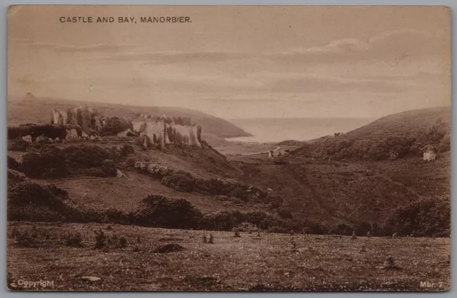 Manorbier Castle & Bay Pembrokeshire Postcard Wales Vintage