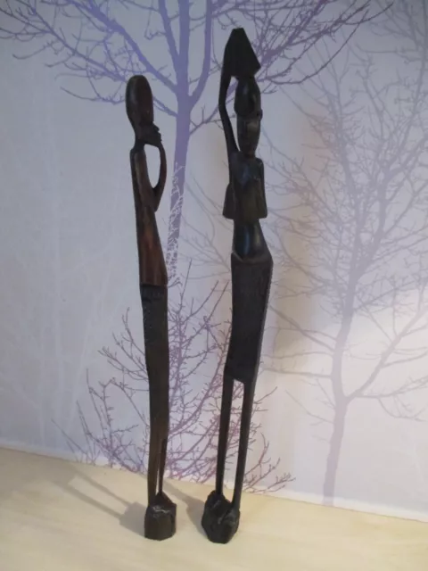 Vintage African Hand Carved Wood " Skinny Man & Woman " 35 & 33Cms Tall - Vgc