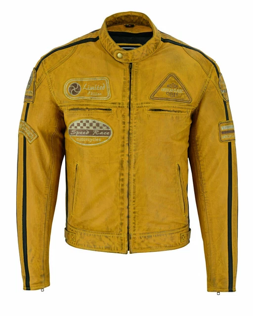 Giacca Moto Pelle Scooter Cafe Racer,Naked da Uomo Vintage Gialla