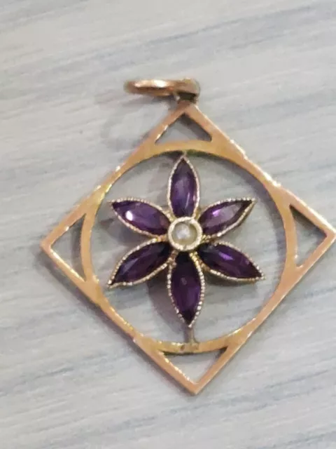 Edwardian Antique 9ct Gold Amethyst Paste& Seed Pearl Pendant Superb 1.1g