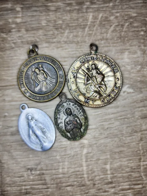 4 Vintage Saint Christopher Religious Medal Pendant Travelers Motorists