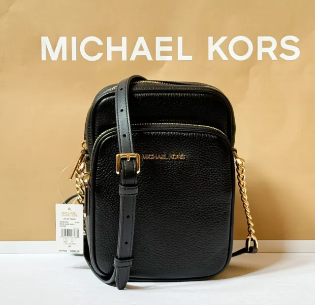 Michael Kors Jet Set Travel Medium Flight Chain Crossbody Leather Bag Black/Gold