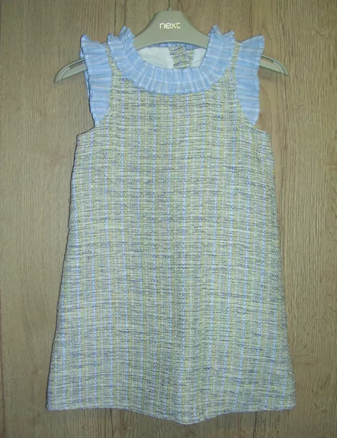 NEXT Girls Blue Yellow Tweed Pleated Cotton Dress Fully Lined Age 5 110cm