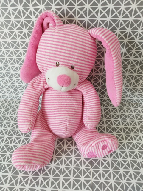Doudou peluche  lapin rose blanc rayé 25 cm Nicotoy