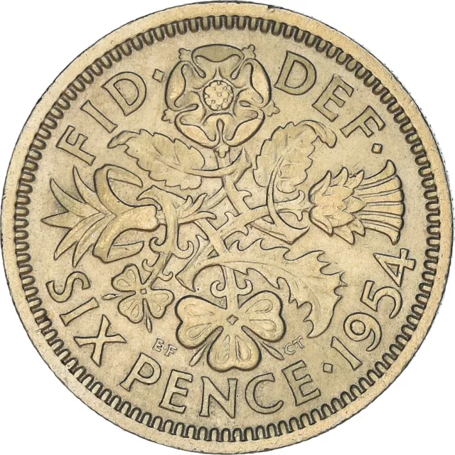 [#365804] Coin, Great Britain, Elizabeth II, 6 Pence, 1954, AU(55-58), Copper-ni 2
