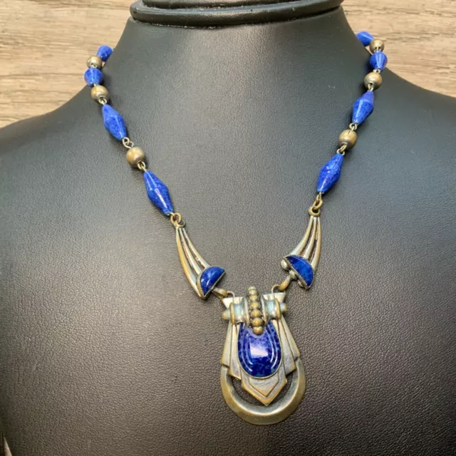 Vtg Czech Art Deco Brass & Silvertone Lapis Color Glass Bezel Set Necklace