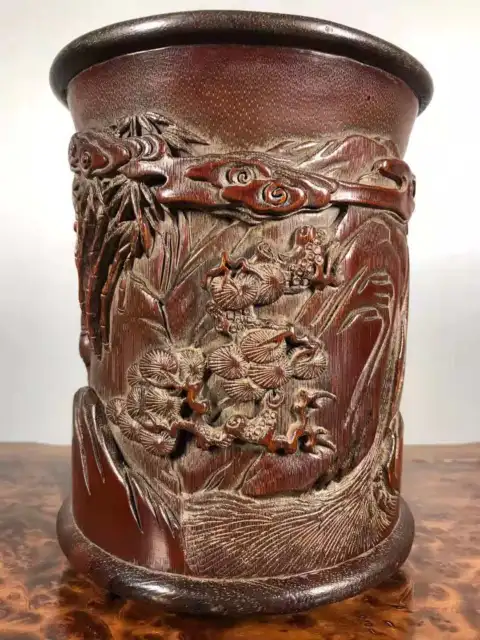 Chinese Natural Bamboo Hand carved Exquisite Figure Brush Pot 6839