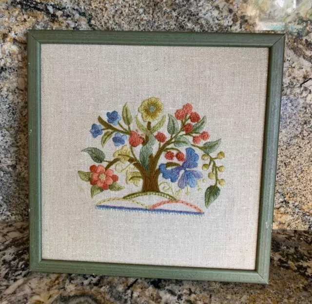 1970's VTG Finished Crewel Hand Embroidered Framed Art Tree, Butterfly Flower 3D