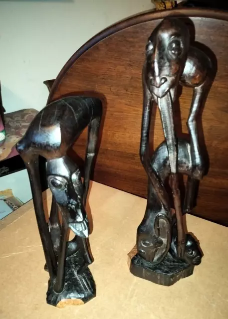 2 vintage Anthropomorphic  labeled artists Makonde ironwood postwar sculptures