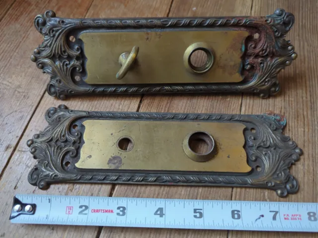 Unique Pair Set Art Deco Door Plate Brass Doorknob Fixture Mcm Antique Rare Vtg