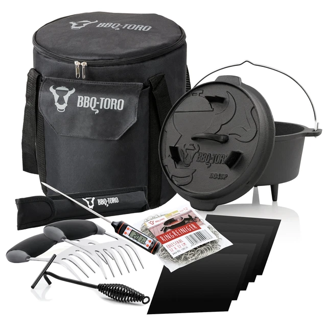 BBQ-Toro Dutch Oven Set Gusseisen | 7 teiliges Starter Set, inkl. Deckelheber