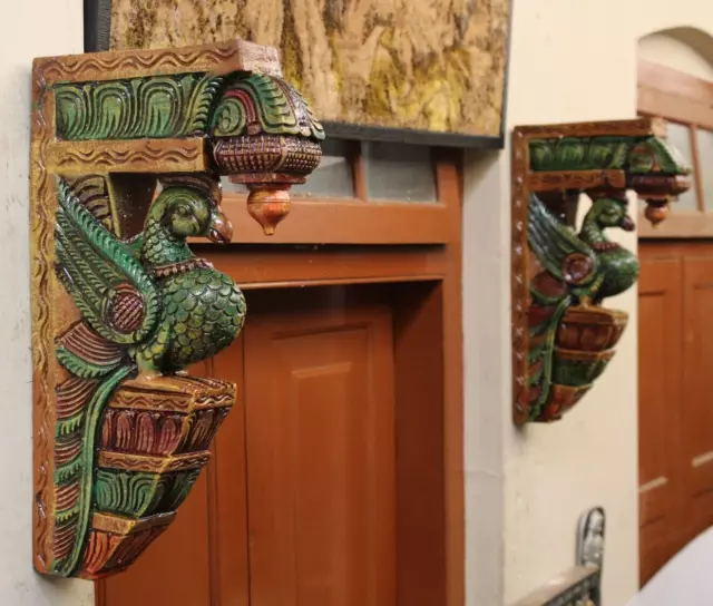 Wall Hanging Bracket Peacock Sculpture Corbel Pair Wooden Bird Statue Home Decor