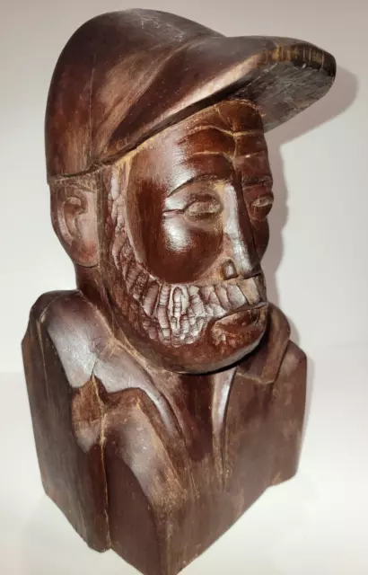 Man wth Cap Heavy Hand Carved Dark Wood Bust Statue Sculpture Folk Art 11" Tall