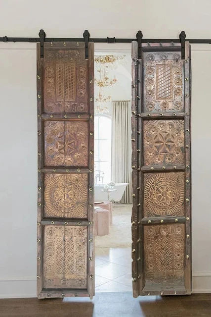 Antique Rustic Chakra Carved Door, Unique Boho Barn Door 80x38 CLEARANCE