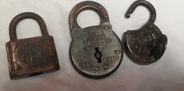 Lot Of 3 ANTIQUE LOCKS TO INCLUDE - MILLER, EAGLE WITH KEY , ACME