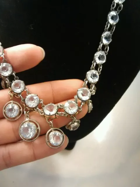 Stunning rare art deco  antique French rock crystal bezels silver  necklace