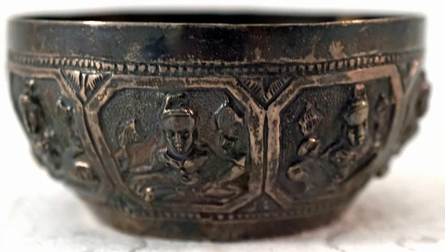 Antique Burmese / Thai Repousse Silver Thabeik Bowl Water Offering - Dancers 3