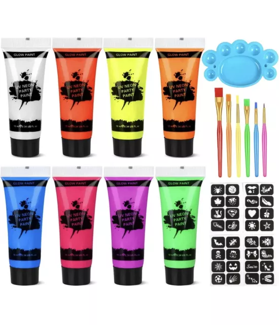 Neon Face Paint Glow In The Dark Face 8 Colour make up kit non toxic NEW