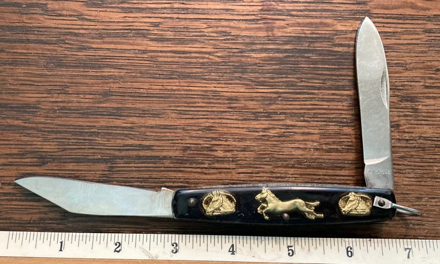 Vintage PM Atlas Mexican Souvenir Pocket Knife Celluloid Handle with Gold Horses