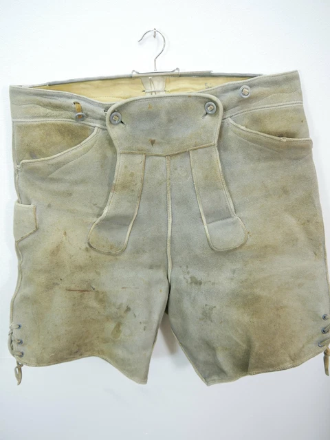 Stabile kurze Hirschleder Arbeiter Lederhose speckig in grau Handarbeit  Gr.52