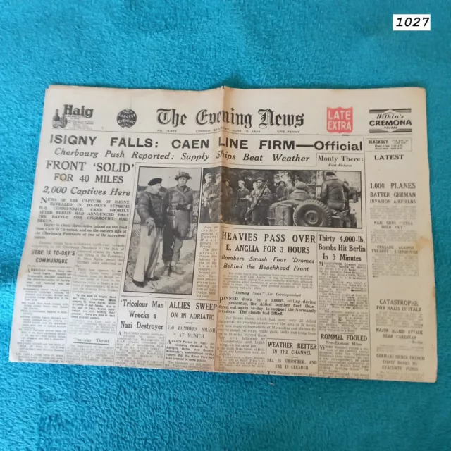 OLD VINTAGE original WW2 Newspaper Evening News june 10 1944 - D Day+4