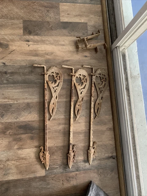 3 Curtain Rods Antique Cast Metal Extending Swing Arm w/2 brackets