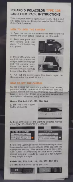 Vintage Polaroid Polacolor Tipo 108 de Tierra Película Pack Manual Instrucciones