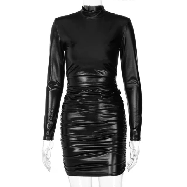 Lady Shiny PU Faux Leather Dress Bodycon Frill High Neck with Shoulder Pad Slim