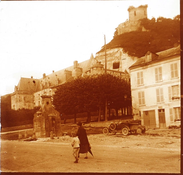 FRANCE Château de La Roche-Guyon Photo c1925 Vintage Plaque de verre P74L27n