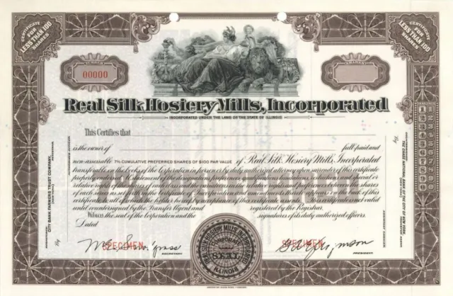 Real Silk Hosiery Mills, Inc. - Specimen Stock Certificate - Specimen Stocks & B