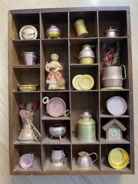 VTG Miniature Copper Cookware Wood Rectangle Shadow Box Wall Hanging Folk Art