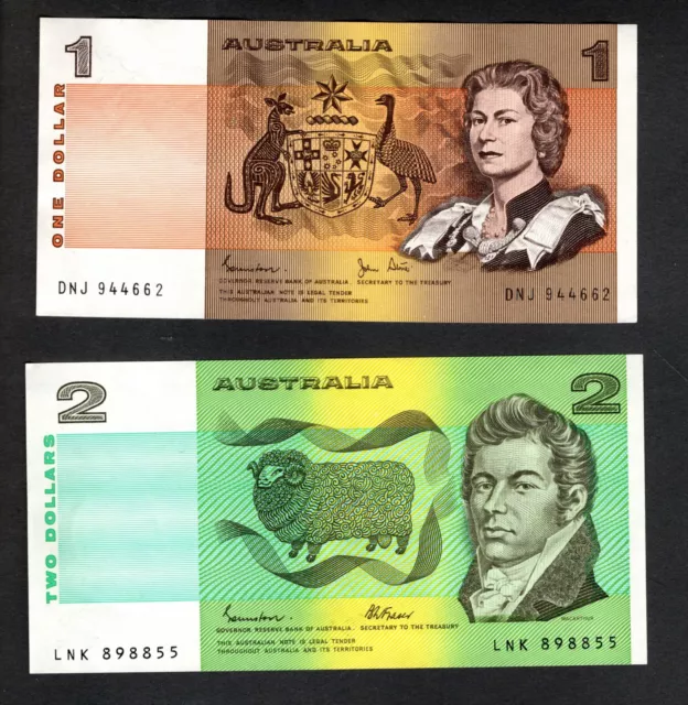 1980's Australia $1 Johnston/Stone & $2 Johnston/Fraser Uncirculated Banknotes