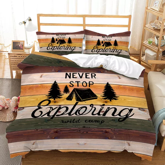 Exploring Wild Camp Happy Camper Striped Camping Doona Duvet Quilt Cover Bed Set 2